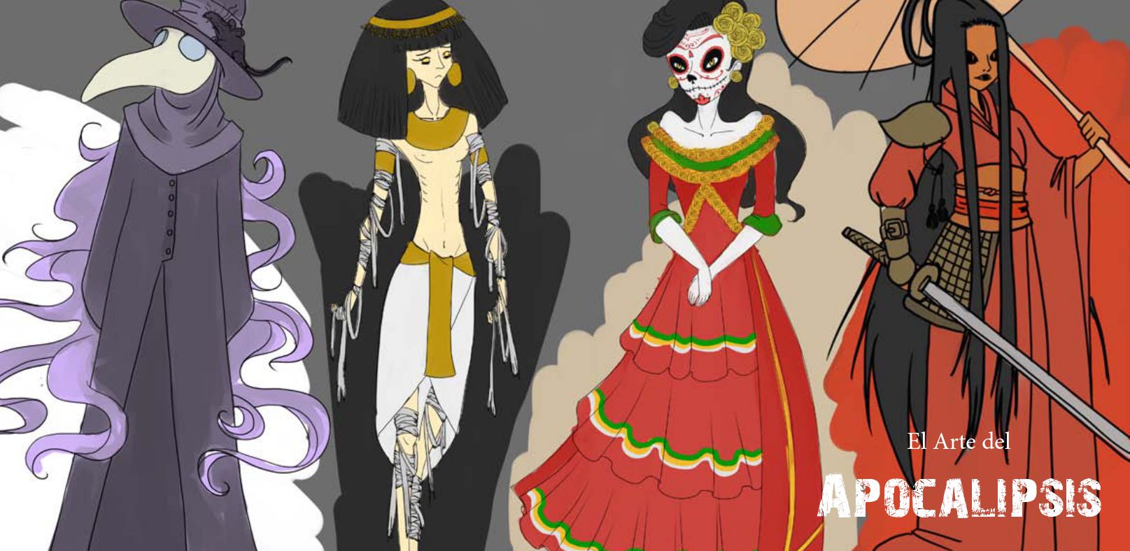 Doble página, presentación personajes, peste, hambre, muerte y guerra.